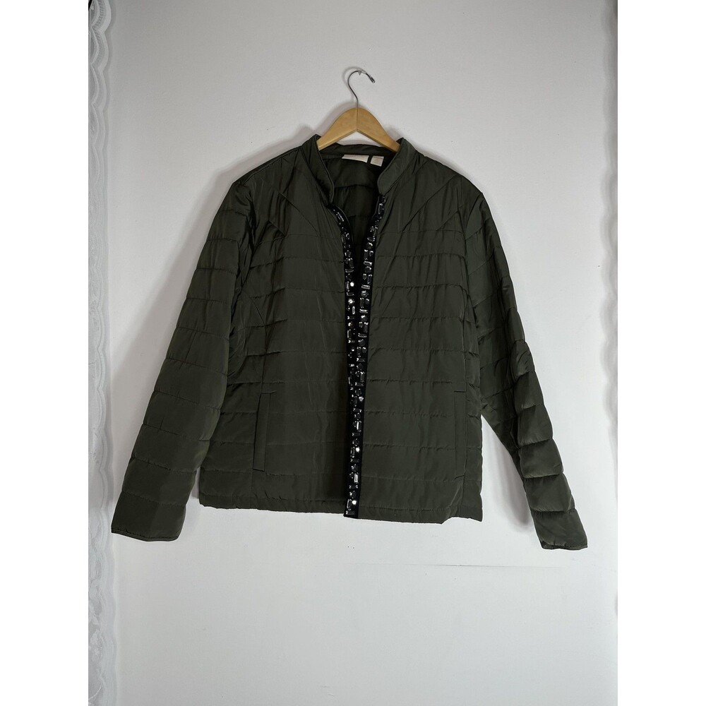 Chico's Jacket Womens 3 XL Green Quilted Open Front Rhinestone Trim Puffer